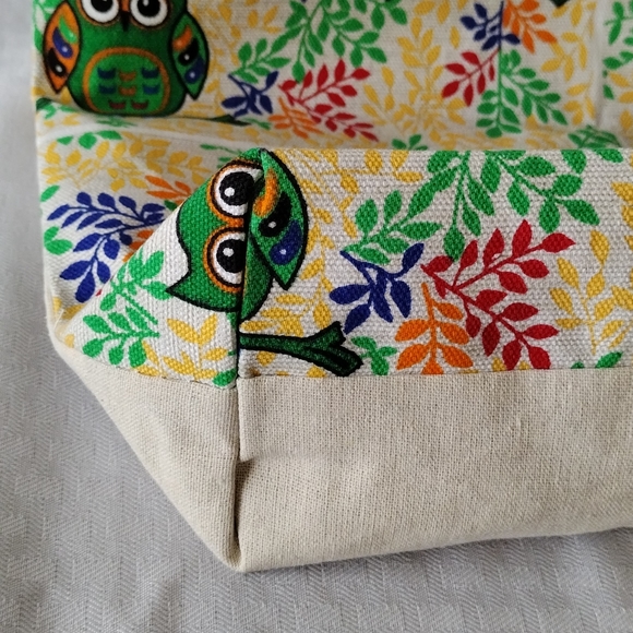 Canvas tote travel market bag owls rope handle zip closure red green yellow blue - Picture 12 of 12